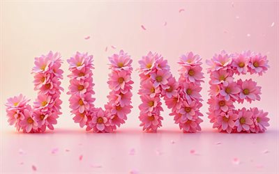 4k, June, pink floral letters, minimalism, pink abstract background, June concepts, names of months, June inscription, June word, background with June