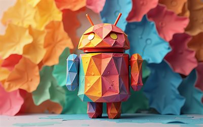 android origami 3d  logo, androidi, värikäs paperitausta, android  logo, origami  taide, android paper  logo