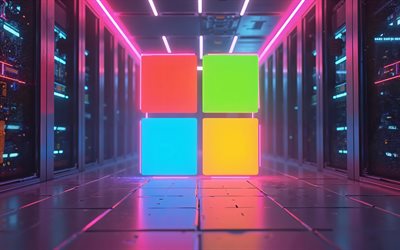 Microsoft neon logo, 4k, software brands, datacenter racks, artwork, Microsoft logo, darkness, brands logo, Microsoft, brands, Microsoft colorful logo