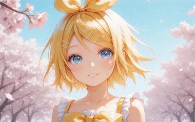 4k, rin kagamin, frühling, cv02, vokaloid, kirschblüte, blaue augen, protagonisten, vocaloid 02, manga, vokaloidfiguren, kagamine rin, japanische virtuelle sänger, rin kagamine vocaloid