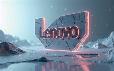レノボのロゴ, 4k, lenovo 3dロゴ, 抽象的なデジタルアート, レノボエンブレム, 白い花崗岩の石, 石の背景, レノボ, レノボのロゴ付きの大理石の石