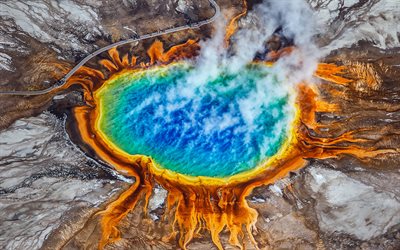 4k, grande primavera prismatica, vista aerea, sorgenti termali, punti di riferimento americani, parco nazionale di yellowstone, usa, america, bellissimi paesaggi
