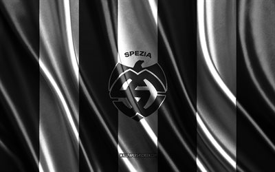 4k, spezia calcio  logo, serie b, mustavalkoinen silkki  rakenne, spezia calcio  lippu, italian jalkapalloseura, jalkapallo, spezia, silkkilippu, spezia calcio  tunnus, italia, spezia calcio  merkki, spezia calcio, spezia  logo