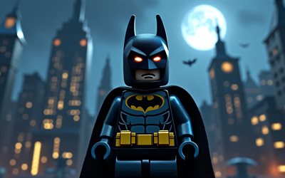 4k, batman, gros plan, super héros, lego art, bandes dessinées dc, paysage nocturne, batman lego, art 3d, batman 3d, fan art, batman 4k