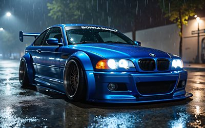 4k, bmw m3, 夜, チューニング, e46, ヘッドライト, アートワーク, スーパーカー, ブルーbmw m3 e46, クリエイティブ, bmw m3 e46, ドイツの車, bmw