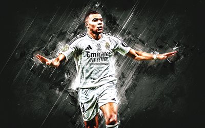 kylian mbappe, real madrid, weltfußballstar, weißer steinhintergrund, französischer fußballer, mbappe real, kylian mbappe torfeier, la liga, spanien, fußball, kylian mbappe real madrid