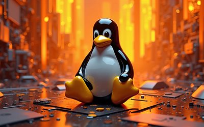 logo linux, 4k, logo linux 3d, arrière plan de haute technologie, linux, contexte de la technologie orange, pingouin linux 3d, contexte avec linux penguin