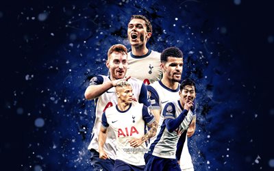 Tottenham Hotspur, 4K, Premier League, english football club, blue neon lights, Tottenham Hotspur football players, Dominic Solanke, Dejan Kulusevski, Son Heung-Min, Richarlison, Brennan Johnson, football, soccer, Tottenham Hotspur FC