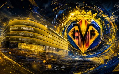 Villarreal CF, 4k, Spanish football club, Villarreal CF logo, football art, yellow black abstract background, Villarreal CF emblem, La Liga, football, Spain, Villarreal, Estadio de la Ceramica