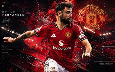 Bruno Fernandes, Manchester United FC, fan art, red abstract digital background, Bruno Fernandes Manchester United FC, creative art, Manchester United FC logo, Bruno Fernandes Manchester United, football, Manchester United