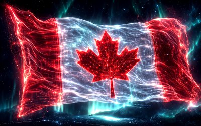 4k, Canada futuristic flag, northern lights, flag of Canada, Day of Canada, darkness, 3D art, Canadian flag, Canada neon flag, Canada glowing flag, Canada 3D flag, Canada abstract flag, Canada