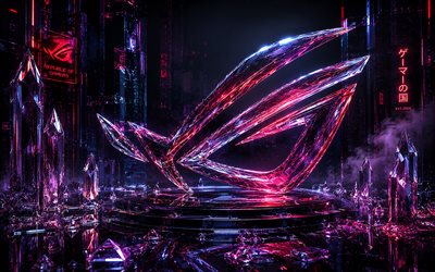 Asus ROG crystal logo, 4K, purple stones background, Republic of Gamers, Asus ROG logo, Asus ROG glass logo, Asus ROG 3D logo, Asus ROG emblem, ROG logo, ROG, Asus ROG