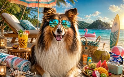 Shetland Sheepdog, 4k, summer, tropical beach, Sheltie, beach accessories, sea, sun lounger, sunglasses, Shetland Sheepdog on beach, dogs, cocktail, beach, pets, dog in sunglasses, Shetland Sheepdog Dog