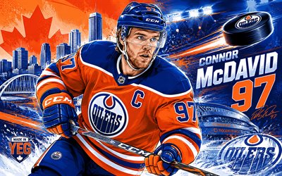 Connor McDavid, 4k, vactor art, Edmonton Oilers, NHL, hockey, Connor McDavid 4K, blue orange abstract background, fan art, Connor McDavid Edmonton Oilers