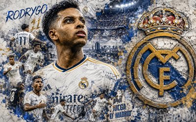 Rodrygo, Real Madrid, 4K, stone background, Real Madrid logo, Rodrygo Real Madrid, mural art, football, Real Madrid CF, Rodrygo Goes Real Madrid, Rodrygo Silva de Goes