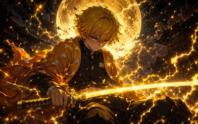 Zenitsu Agatsuma, 4k, yellow moon, sword, Kimetsu no Yaiba, warrior, yellow lightings, manga, protagonist, lightings, artwork, Demon Slayer, Zenitsu, Zenitsu Agatsuma Kimetsu no Yaiba