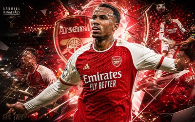 Gabriel Magalhaes, Arsenal FC, fan art, red abstract background, Champions League, Gabriel Magalhaes Arsenal FC, creative art, Arsenal FC logo, Gabriel Magalhaes Arsenal, football, Arsenal, Gabriel