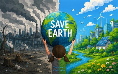 4k, Save Earth, the future in our hands, Take care of life, Earth in hand, factory, vector art, ecology concepts, protect nature, environment concepts, eco concepts, heavy industry, harm to the environment