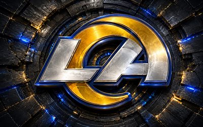 شعار لوس أنجلوس رامز المعدني, 4k, خلفية معدنية صفراء زرقاء, اتحاد كرة القدم الأميركي, كرة القدم الأمريكية, شعار لوس أنجلوس رامز, فريق كرة القدم الأمريكية, لوس انجليس رامز