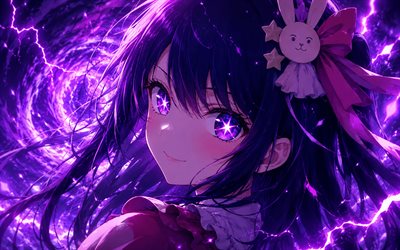 4k, ai hoshino, violetti pyörre, hymy, oshi no ko, manga, violetit silmät, oshi no ko manga sarja, taideteos, hoshino ai, päähenkilö, ai hoshino oshi no ko