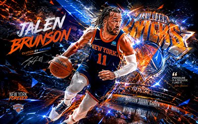 Jalen Brunson, 4k, blue orange digital background, New York Knicks, NBA, American basketball players, Jalen Brunson 4k, fan art, basketball, Jalen Brunson Art, Jalen Brunson New York Knicks