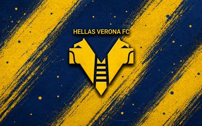 hellas verona fc  logo, 4k, sininen keltainen maali tausta, hellas verona fc, italian jalkapalloseura, hellas verona fc  tunnus, serie a, italia, hellas verona