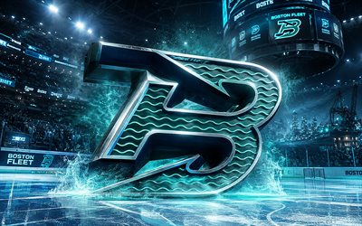 Boston Fleet metal logo, 4k, spotlights, ice arena, PWHL, hockey, Boston Fleet logo, hockey stadium, Boston Fleet 3D logo, american hockey team, Boston Fleet