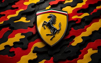ferrari 3d logo, 4k, punainen musta keltainen naamiointi, luova, automerkit, naamiointi 3d tausta, ferrarin logo, ferrari