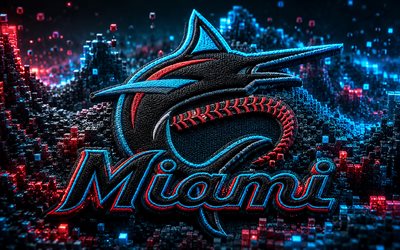 miami marlinsin kangaslogo, 4k, musta sininen 3d tausta, mlb, baseball, miami marlinsin logo, miami marlinsin tunnus, amerikkalainen baseball joukkue, miami marlins