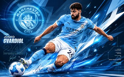josko gvardiol, manchester city fc, vektori taidetta, sininen valkoinen abstrakti tausta, josko gvardiol manchester city fc, luovaa taidetta, manchester city fc  logo, josko gvardiol manchester city, jalkapallo, manchester city