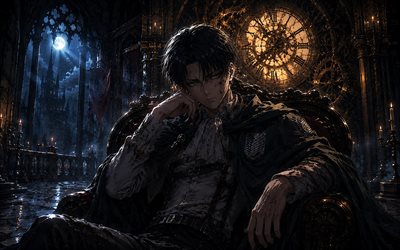 levi ackerman, 4k, goottilainen taide, vanha linna, hyökkäys titania vastaan, iltahämärä, vanha kello, soturi, rivai akkaman, shingeki no kyojin, pilvet, hyökkäys titan hahmoja vastaan, manga, levi ackerman attack on titan