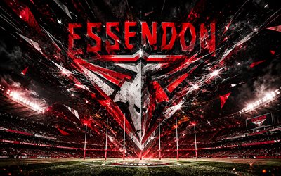 Essendon Bombers abstract logo, 4k, stadium, spotlights, AFL, australian football, creative, Australian Football League, Essendon Bombers logo, Essendon Football Club, australian football team, Essendon Bombers