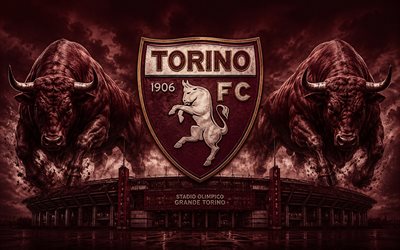Torino FC, 4k, burgundy background, Italian football club, Torino FC logo, burgundy bulls, Torino FC emblem, Torino FC sign, Torino, Italy, football