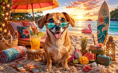 chiweenie, 4k, kesä, trooppinen ranta, rantatarvikkeet, meri, aurinkotuoli, aurinkolasit, chiweenie rannalla, koirat, cocktail, söpöjä eläimiä, ranta, lemmikkejä, koira aurinkolaseissa, chiweenie koira