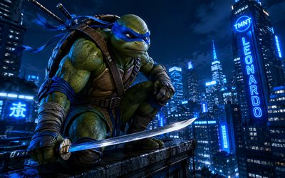 Leonardo, 4k, 3D art, skyscrapers, Teenage Mutant Ninja Turtles, nighscape, TMNT characters, Mutated Turtles, TMNT, ninja turtles, Leonardo TMNT, Leonardo 4K