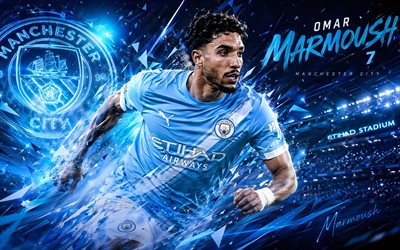 omar marmoush, manchester city fc, fanitaidetta, sininen valkoinen abstrakti tausta, omar marmoush manchester city fc, luovaa taidetta, manchester city fc  logo, omar marmoush manchester city, jalkapallo, manchester city