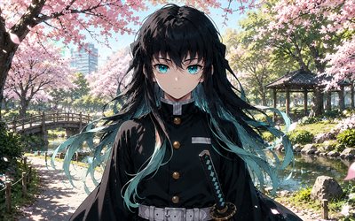 Muichiro Tokito, 4k, spring, sakura, Kimetsu no Yaiba, park, cherry blossom, manga, protagonist, Demon Slayer Corps, Tokito Muichiro, Demon Slayer, Muichiro Tokito Kimetsu no Yaiba