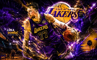 4k, Luka Doncic, violet futuristic background, Los Angeles Lakers, NBA, Slovenian basketball players, Luka Doncic 4K, basketball, fan art, LA Lakers, Luka Doncic Lakers