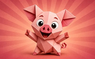 origami porsas, 4k, origami, sarjakuvaeläimet, vaaleanpunainen lineaarinen tausta, paperitaidetta, origami eläimiä, sikoja, origami sika, vaaleanpunainen porsas, minimalismi, porsaiden taustakuvat