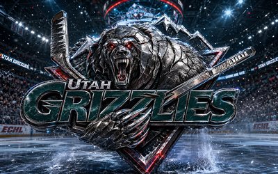 4k, Utah Grizzlies metal logo, spotlights, ice arena, ECHL, creative, hockey, Utah Grizzlies logo, hockey stadium, Utah Grizzlies 3D logo, american hockey team, Utah Grizzlies