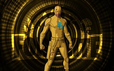 keltainen daredevil fortnite, 4k, keltainen kierre tausta, fortnite, luova, keltainen daredevil skin, fortnite yellow daredevil skin, keltainen daredevil, fortnite hahmot