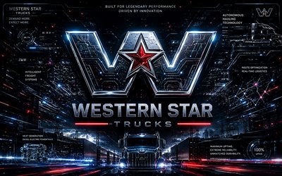 western star 3d  logo, 4k, sininen futuristinen tausta, luova, siniset neonsäteet, western star metallilogo, western star futuristinen logo, kuorma autojen merkit, western star  logo, länsi tähti