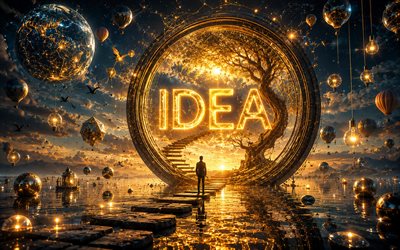 idea concepts, 4k, businessman among ideas, tree, burning light bulb, idea search, business concepts, light bulb background, idea