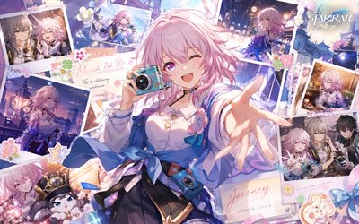 March 7th, 4k, memory collage, blue camera, Honkai Star Rail, photo collage, manga, Honkai Star Rail characters, San Yue Qi, March 7th Honkai Star Rail