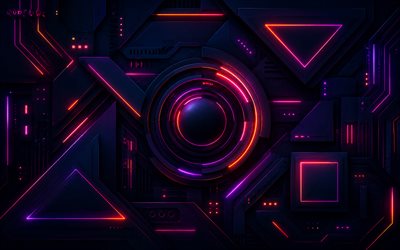 4k, geometriset hahmot, ympyrät, violetit neonsäteet, materiaalin suunnittelu, geometriset muodot, luova, geometria, geometrisia kuvioita, taideteos, tumma 3d tausta, tumma abstrakti tausta, muotoja, 3d taustat, metallinen 3d tausta
