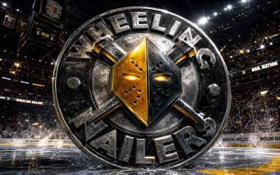 4k, Wheeling Nailers metal logo, spotlights, ice arena, ECHL, creative, hockey, Wheeling Nailers logo, hockey stadium, Wheeling Nailers 3D logo, american hockey team, Wheeling Nailers