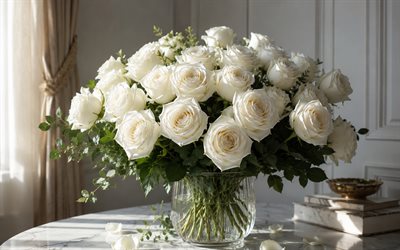 rosas blancas, 4k, habitación, florero de cristal, bokeh, ramo de rosas, hermosas flores, fondo con rosas, flores blancas, rosas