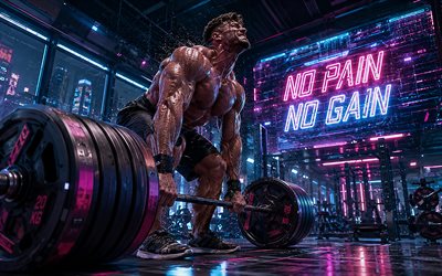 ei kipua, ei voittoa, 4k, maastaveto, neon kirjaimet, kuntosali, kyberpunk, motivaatiolainauksia, no pain no gain  kirjoitus, mies tankon kanssa, grunge taidetta, ruosteiset metallikirjaimet, tanko, motivaatio, no pain no gain  käsitteet