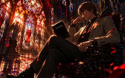 4k, Light Yagami, night, old castle, stained glass windows, Death Note, book, manga, artwork, library, Death Note characters, protagonist, Light Yagami Death Note