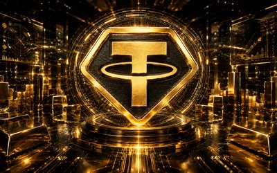 Tether Gold 3D logo, 4k, golden futuristic background, cryptocurrencies, Tether Gold futuristic logo, brands, Tether Gold cryptocurrency, blockchain, Tether Gold logo, Tether Gold